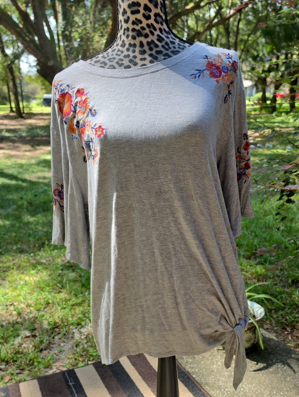Democracy Gray Tunic with Colorful Floral Embroidery and Side Knot